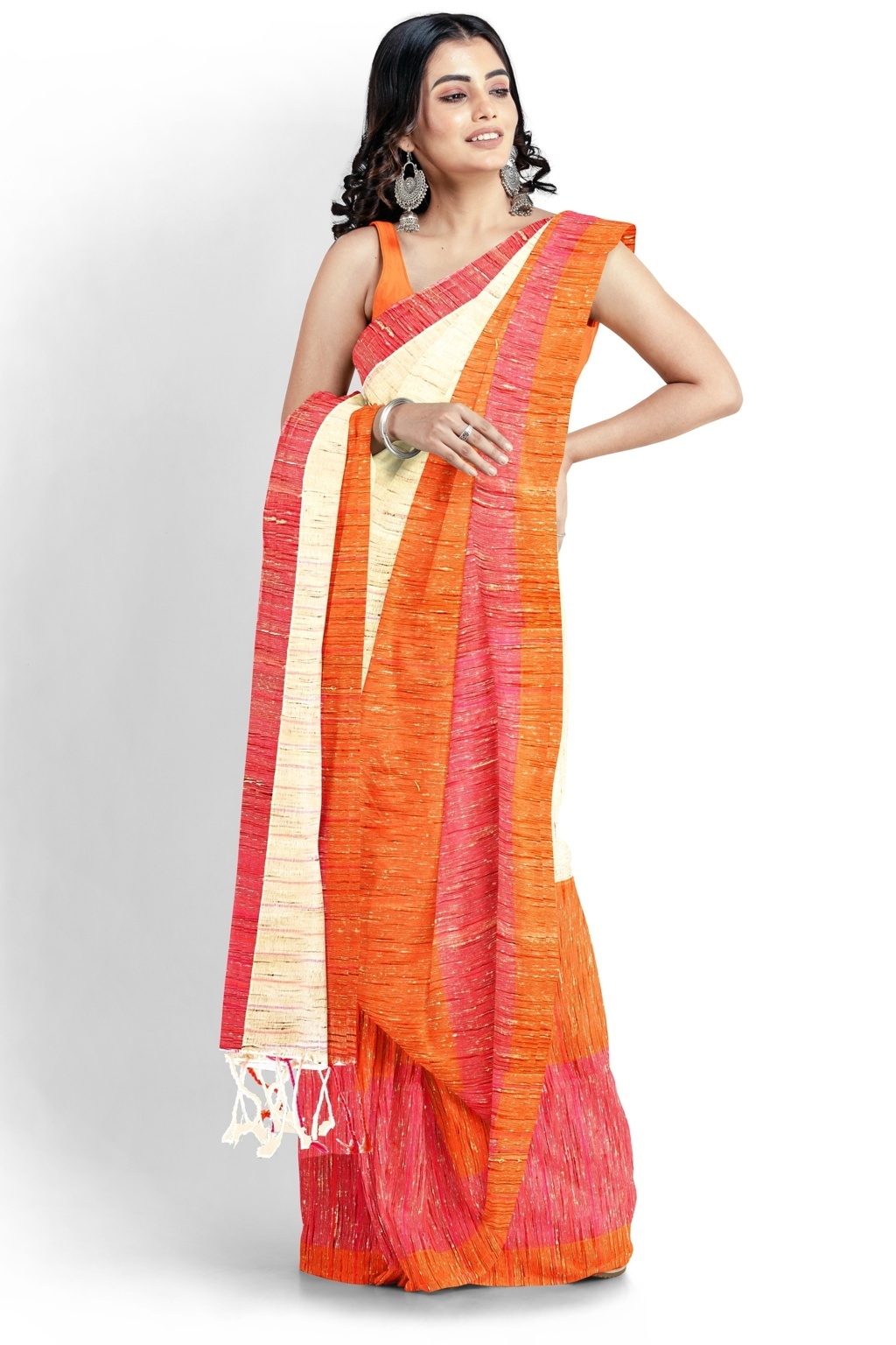 Orange White Pure Cotton Kusu Hand Loom Saree (1281)